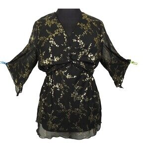Sara Michelle Black Gold Foil Floral Chiffon Tie Waist Blouse Plus Size 2X